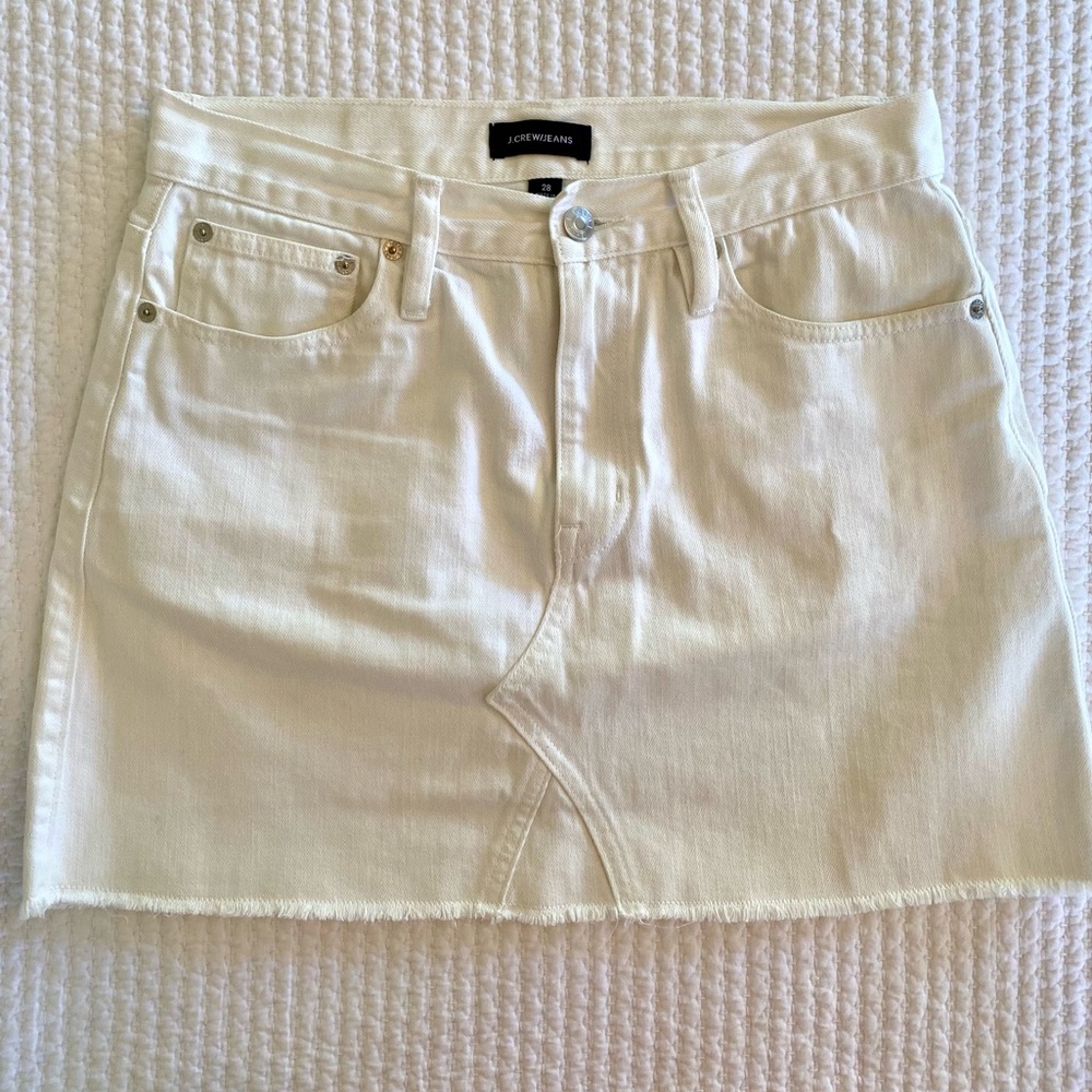 J. Crew Denim Mini Skirt with Raw Hem, White, Size 28